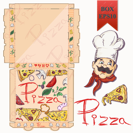 ready made layout of the box, packaging for pizza food design in the style of color contour drawing depicting the products used for cooking vector EPS10のイラスト素材