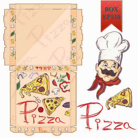 ready made layout of the box, packaging for pizza food design in the style of color contour drawing depicting the products used for cooking vector EPS10のイラスト素材