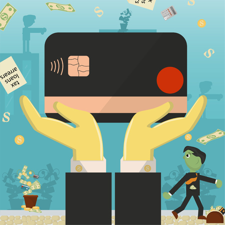 flat illustration on business, loans, taxes, and debt. zombie man social problem of the whole world dependence on money vectorのイラスト素材