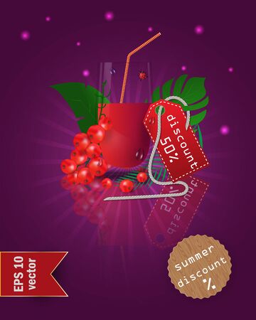 vector illustration of a glass with fruit and berry juice, standing on a mirrored surface among the leaves, with summer tags and discounts, EPS 10のイラスト素材