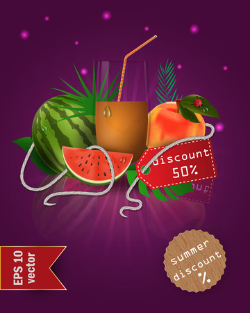 vector illustration of a glass with fruit and berry juice, standing on a mirrored surface among the leaves, with summer tags and discounts, EPS 10のイラスト素材