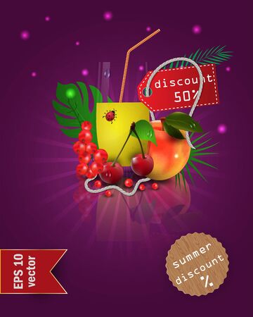 vector illustration of a glass with fruit and berry juice, standing on a mirrored surface among the leaves, with summer tags and discounts, EPS 10のイラスト素材
