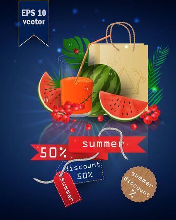 vector illustration of a glass with fruit and berry juice, standing on a mirrored surface among the leaves, with summer tags and discounts, EPS 10のイラスト素材