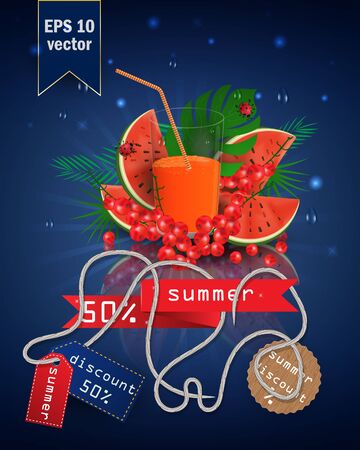 vector illustration of a glass with fruit and berry juice, standing on a mirrored surface among the leaves, with summer tags and discounts, EPS 10のイラスト素材
