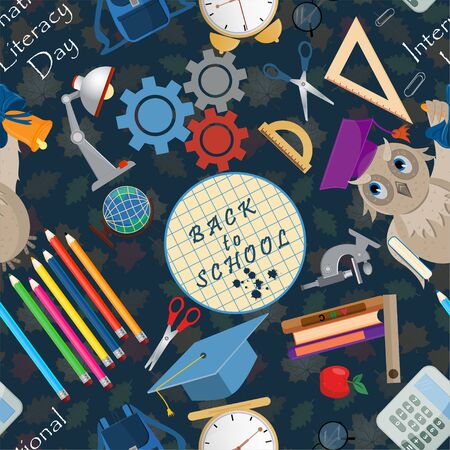 vector seamless pattern illustration on school theme, international literacy day, back to school, flat styleのイラスト素材