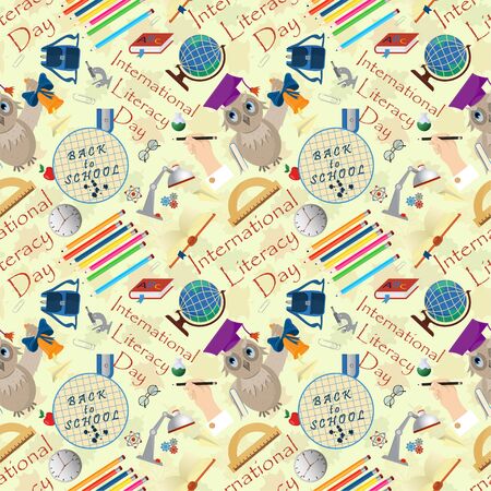 vector seamless pattern illustration on school theme, international literacy day, back to school, flat styleのイラスト素材