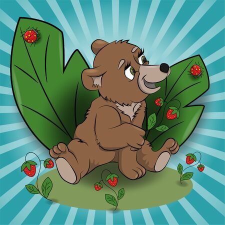 children vector illustration of little Teddy bear sitting in the meadow among the raspberries among the foliage EPS 10のイラスト素材