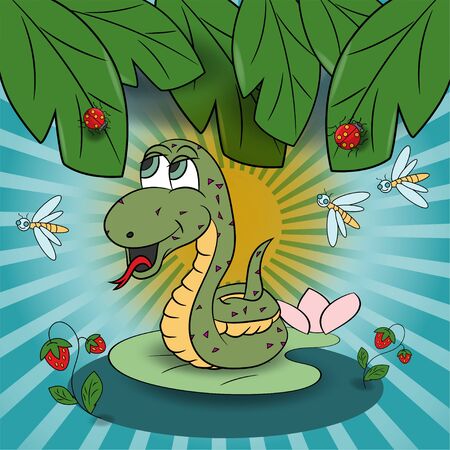vector childrens illustration of a small snake sitting on a water Lily among the raspberry among the foliage 10のイラスト素材