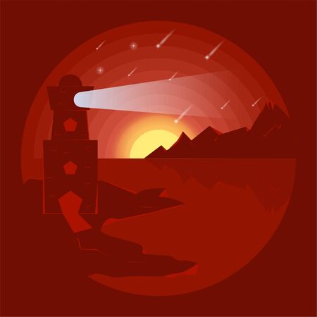 vector illustration in negative color lighthouse by the sea style flat design for stickers and banners.のイラスト素材