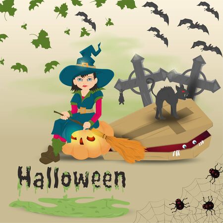 childrens illustration in flat style, on the theme of all saints eve, Halloween, a little witch with a broom sitting on a pumpkin next to the coffin vector EPS 10のイラスト素材