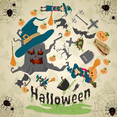 illustration of all saints eve, Halloween, circular ornament at the corners of the web with spiders drawings in the circle placed randomly vector EPS 10のイラスト素材