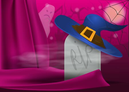 tombstone while wearing a witchs hat by bringing back among the draping of fabric on the background of the cemetery vector EPS 10のイラスト素材