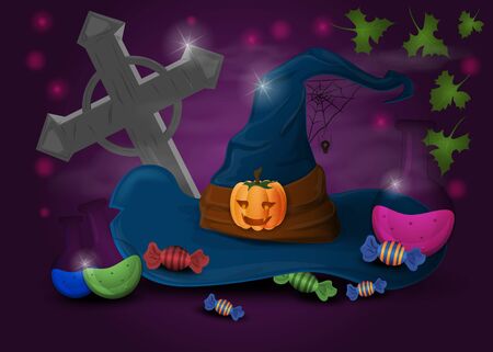 the hat among the bottles of potion and candy design illustration for design vector EPS 10のイラスト素材