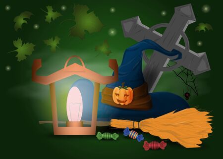 hat witch with broom lighted lantern illustration design for decoration vector EPS 10のイラスト素材
