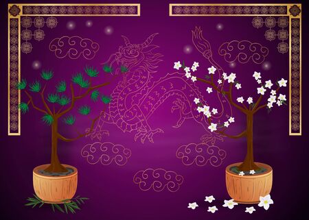 two trees bonsai, pine and cherry in a pot and gold Chinese dragon purple backgroundのイラスト素材