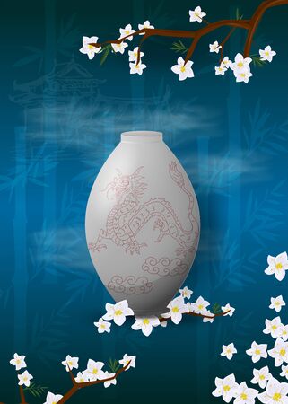 Chinese vase with a dragon stands on a branch of Sakura and flowers blue background thickets of bambooのイラスト素材