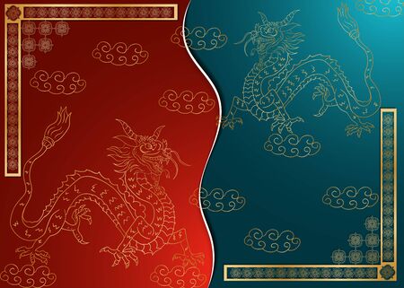 Greeting card design Chinese paper cut background divided into two halves, the balance sign, two Golden dragon on the cloudsのイラスト素材