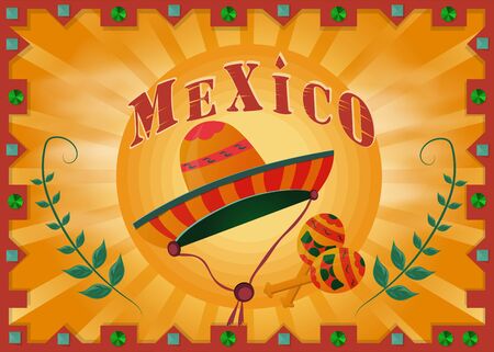 the landscape of the Mexican desert in a frame hat sombrero and maracas vectorのイラスト素材