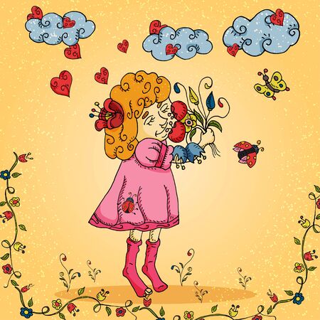 illustration of a little girl in a dress who sniffs a bouquet of flowers in the style of childrens Doodle for decoration design of postcards and printed products vectorのイラスト素材