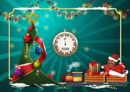 New year Christmas background for decoration design cards and holiday products tree spruce balls toy locomotive carries gifts to the fir clock and time in the frame among the garlands vector EPS 10のイラスト素材