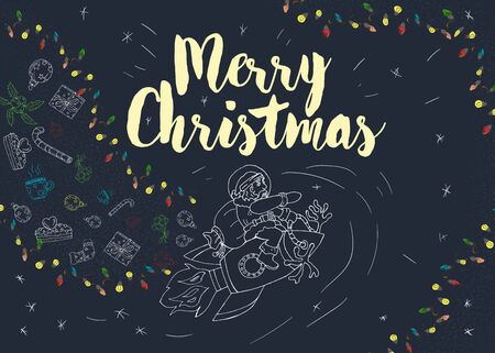 Christmas new year contour non color design for postcard Santa Claus flies on space rocket and loses gifts childrens illustration Doodle style garland frame vector EPS 10のイラスト素材