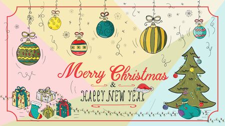 banner Christmas new year outline color sketches for decoration postcard design background style kids Doodle greeting lettering garlands gift boxes and tree spruce framed vectorのイラスト素材
