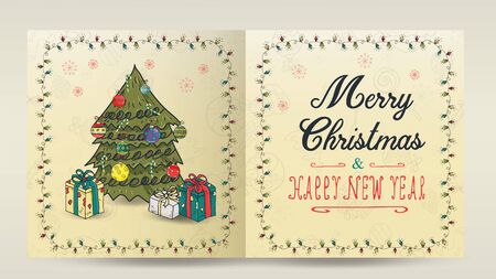 layout of Christmas and new year cards for decoration print design in the style of childrens Doodle in a frame of garlands divided into two halves with a congratulatory inscription larger tree giftsのイラスト素材
