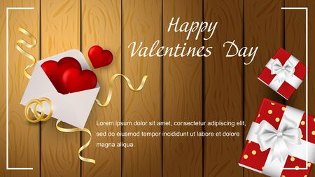 Valentines day greetings banner with space for text for postcard design envelope with hearts rings and gift boxes top view vectorのイラスト素材