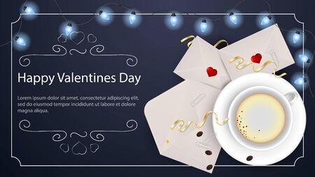 Valentines day blue banner with a place for the inscription congratulations a Cup of coffee cappuccino stands on mail envelopes in a garland frame vectorのイラスト素材