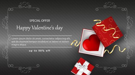 Special offer Valentines day discount up to fifty percent banner with inscription gift open box with heart inside garland frame top view vectorのイラスト素材