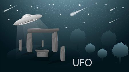 flying saucer UFO flying over Stonehenge banner design in dark blue background illustration among trees starry sky vector EPS 10のイラスト素材