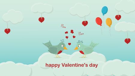 happy Valentines day two birds stand in front of each other a Declaration of love on the clouds a festive background for a flat style designのイラスト素材