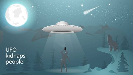 banner flying saucer UFO at night kidnaps a man with a beam of light in the mountains in the forest the moon is shining howling wolf for decoration design vector EPS 10のイラスト素材