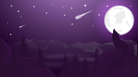 banner illustration background night landscape wolf howling at the moon in the mountains starry sky comet for decoration design vector EPS 10のイラスト素材