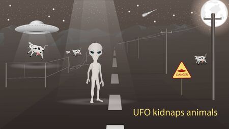 flying saucer UFO kidnap in the field animal cow beam of light alien standing on the road banner design in dark gray background vector EPS 10のイラスト素材