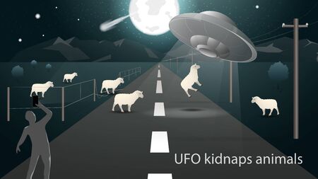 flying saucer UFO kidnap in the field animal sheep beam of light on the road and the man takes it on the phone banner design in dark gray background vector EPS 10のイラスト素材