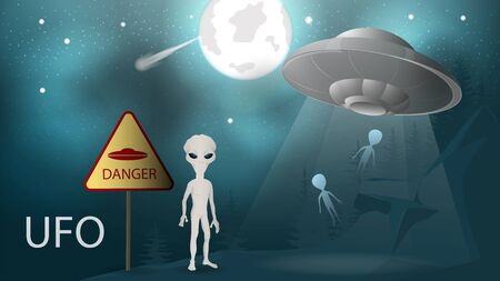 illustration background banner flying saucer UFO flies away from the planet taking with them aliens...