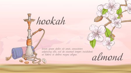 banner hookah with pillow nature plant almond branch fruit nuts flowers for decoration design on the background of mountains in the desert with clouds with a place for text and name vectorのイラスト素材