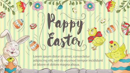 Easter banner with text for greetings, in the style of children's Doodle, a rabbit holding a chicken egg at the top flowers and the inscription congratulations vector EPS 10のイラスト素材