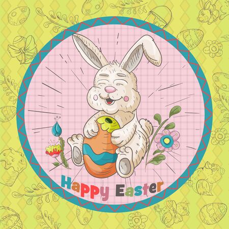 Easter holiday square banner, sticker, rabbit hugs a painted egg, greeting message in a circle in the style of children's Doodle vector EPS 10のイラスト素材