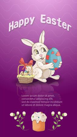 Easter holiday banner illustration with an inscription for greetings in the style of children's Doodle for design decoration, a small rabbit holding a painted egg mirror image pink background, vector EPS 10のイラスト素材