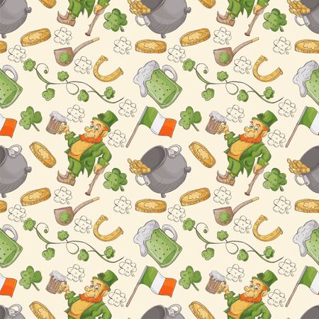seamless pattern illustration, for design on the Irish theme of St. Patrick's day in the style of Doodle, various drawings related to the national holidayのイラスト素材