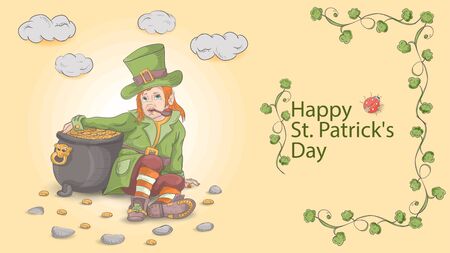 illustration of a banner with St. Patrick's day, in the style of a Doodle, a small leprechaun dwarf sitting leaning on a pot of gold coins, in a green suit, and a pipe for Smoking, vectorのイラスト素材