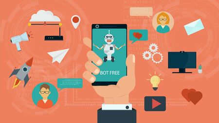 Banner, hand holding phone, Virtual Help Chatbot, for Website Or Mobile Apps, Artificial Intelligence Concept, Flat Vector Illustrationのイラスト素材