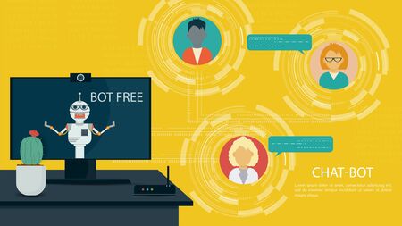 Banner, virtual Help Chatbot on computer monitor, for Website Or Mobile Apps, Artificial Intelligence Concept Flat Vector Illustration yellow background, for design,のイラスト素材