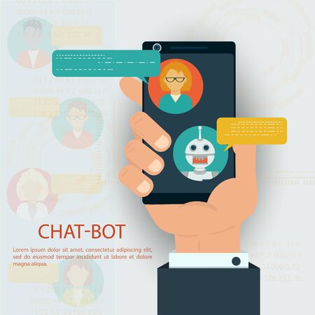 Flat design, with a human hand holding a smartphone, chatbot with speech bubbles, artificial intelligence, communicationのイラスト素材