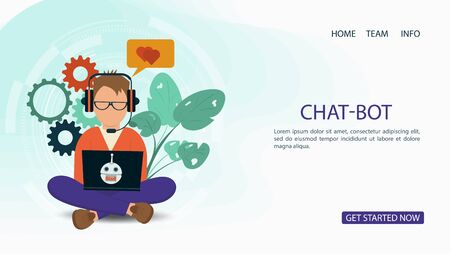 Banner, for a Website, or Mobile Apps, Artificial Intelligence Concept, a man sitting with a laptop in headphones, and leads a chat, Flat Vector Illustrationのイラスト素材