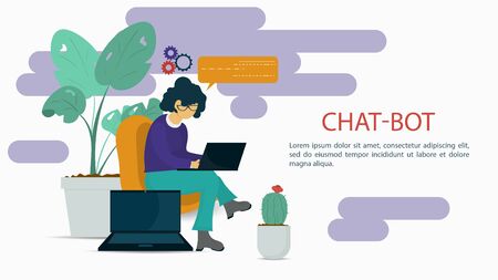 girl with a laptop , sitting in a chair , among two flowers of plants, For a Website Or Mobile Applications, Artificial Intelligence Concept Flat Vector Illustrationのイラスト素材