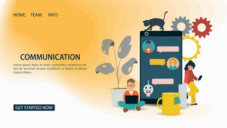 Banner, small people, men and women, animal cat, are in chat, among phone and colors , For Website...