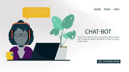 banner, man black woman, in headphones chatting, on laptop, for website or mobile apps, artificial intelligence concept, flat vector cartoon illustrationのイラスト素材